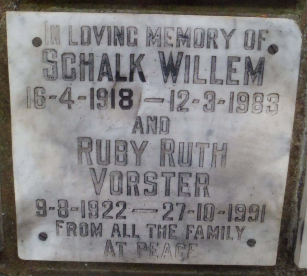 VORSTER Schalk Willem 1918-1983 &amp; Ruby Ruth 1922-1991