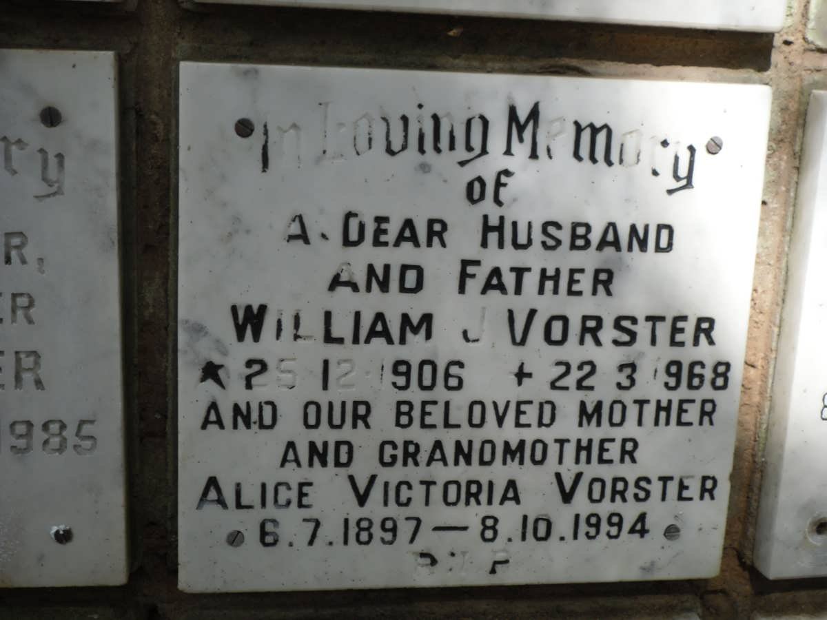 VORSTER William J. 1906-1968 &amp; Alice Victoria 1896-1994
