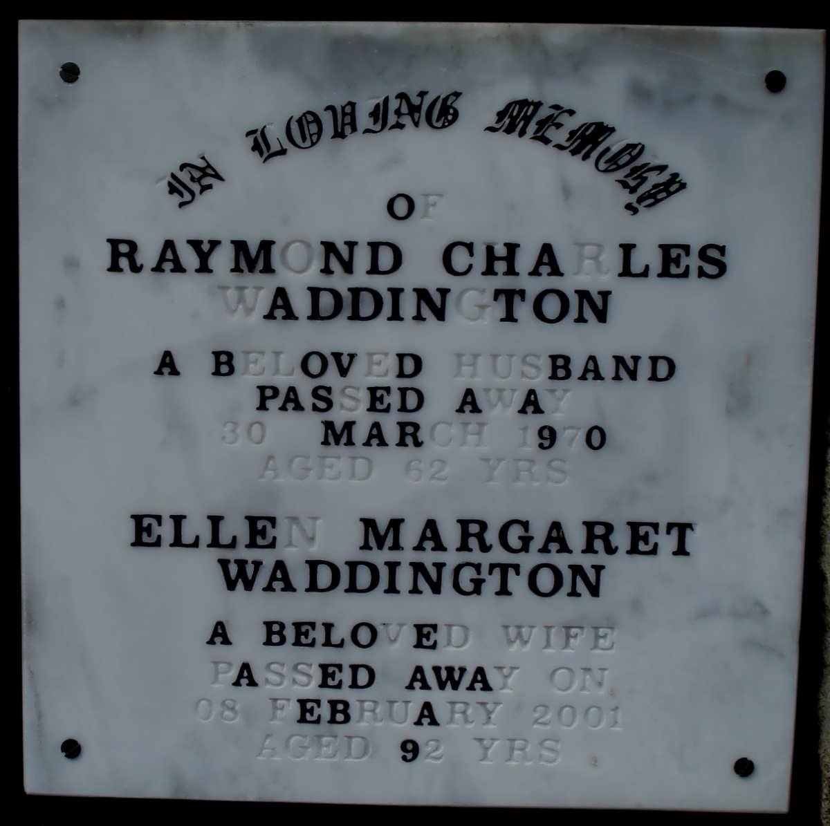 WADDINGTON Raymond Charles -1970 &amp; Ellen Margaret -2001