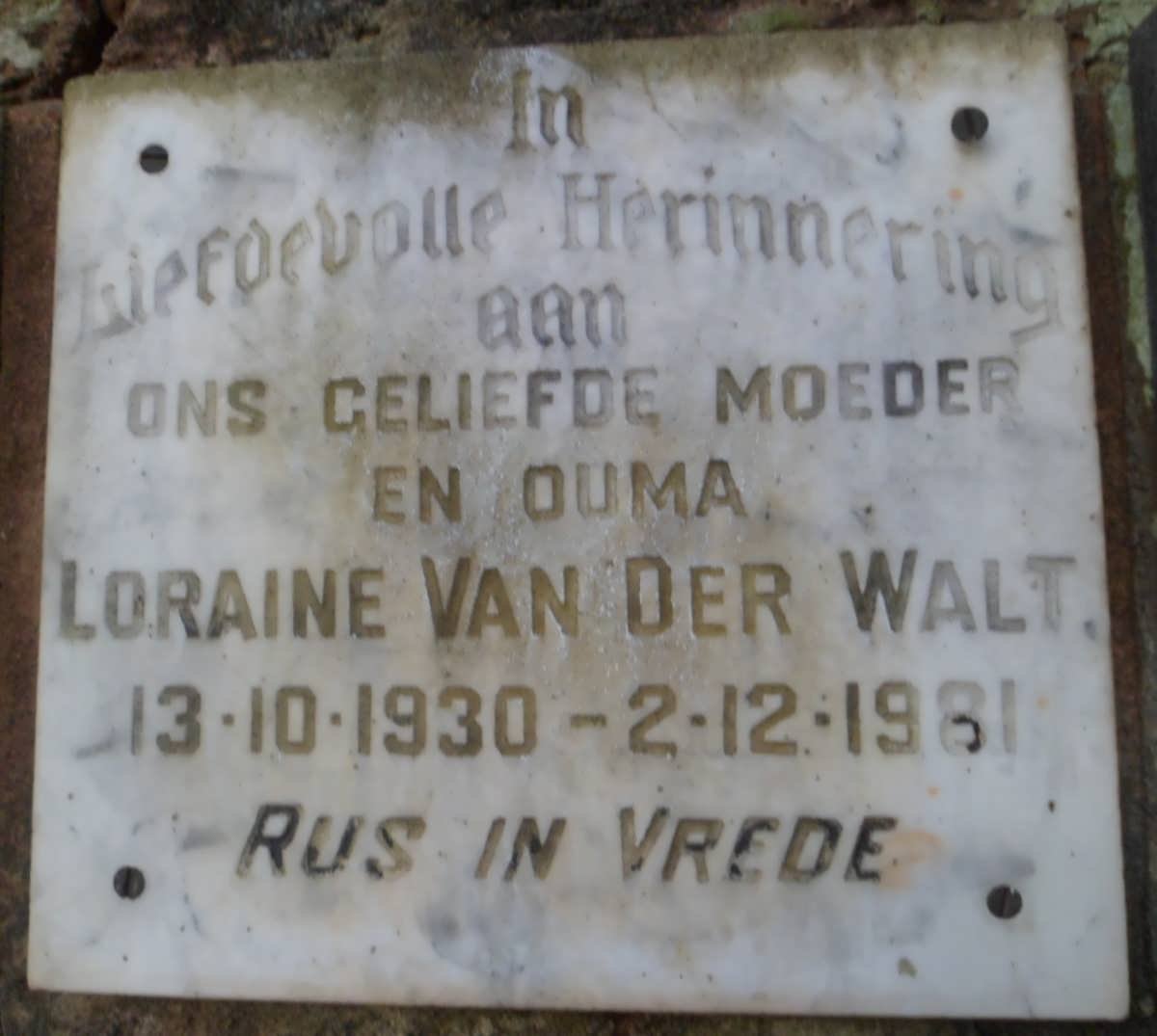 WALT Loraine, van der 1930-1981