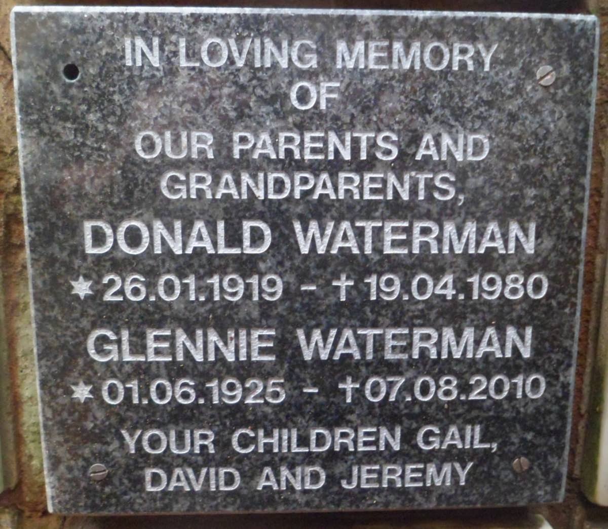 WATERMAN Donald 1919-1980 &amp; Glennie 1925-2010
