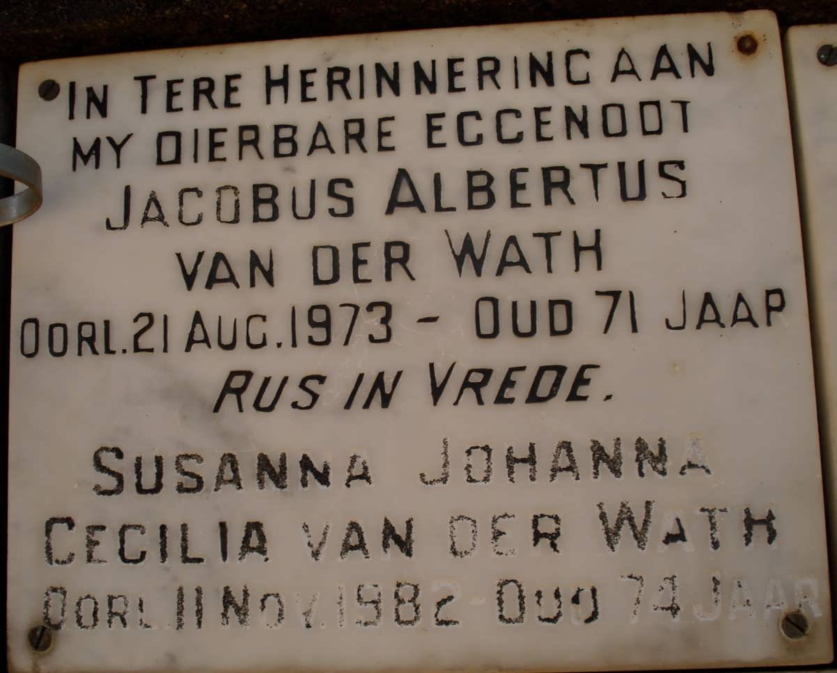 WATH Jacobus Albertus, van der -1973 &amp; Susanna Johanna Cecilia -1982