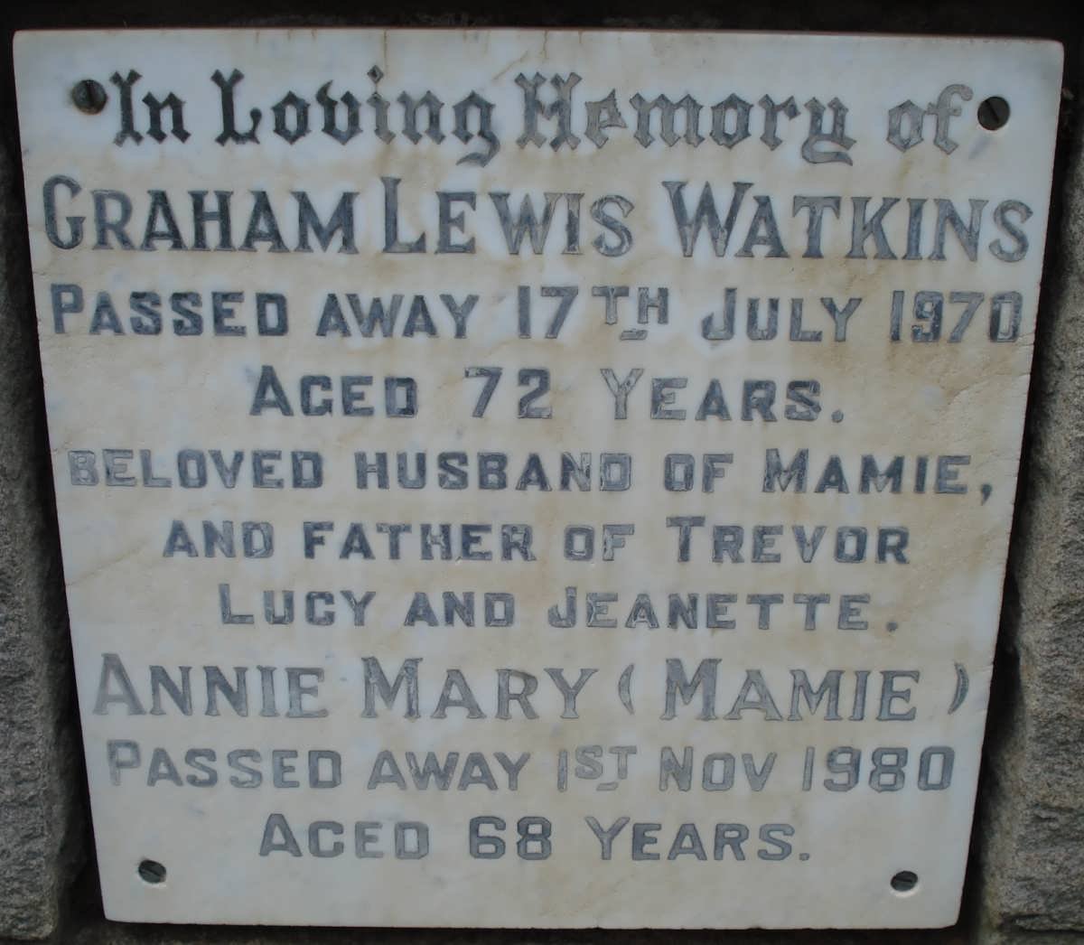 WATKINS Graham Lewis -1970 &amp; Annie Mary -1980