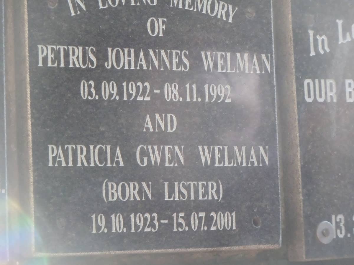 WELMAN Petrus Johannes 1922-1992 &amp; Patricia Gwen LISTER 1923-2001