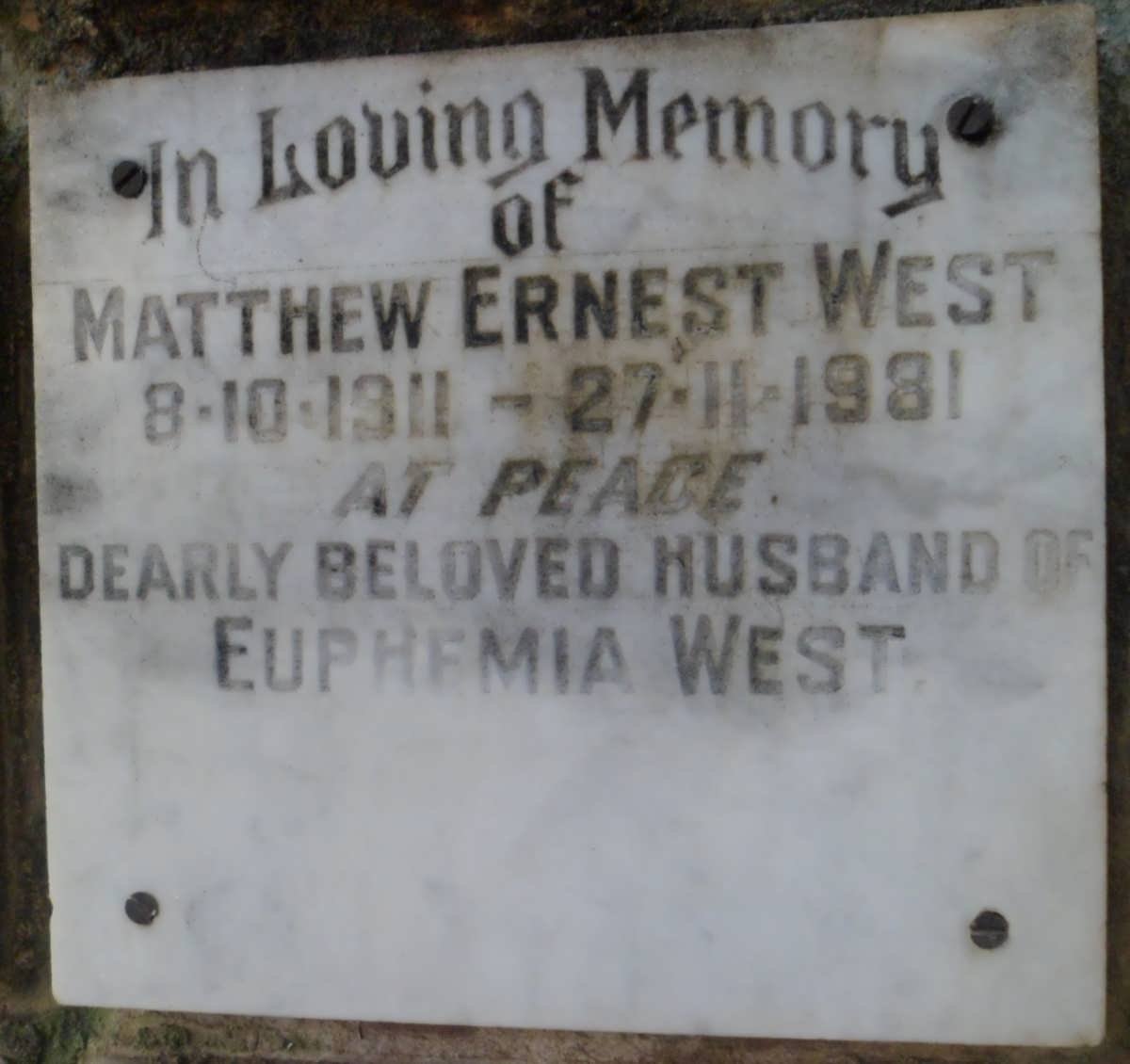 WEST Matthew Ernest 1911-1981