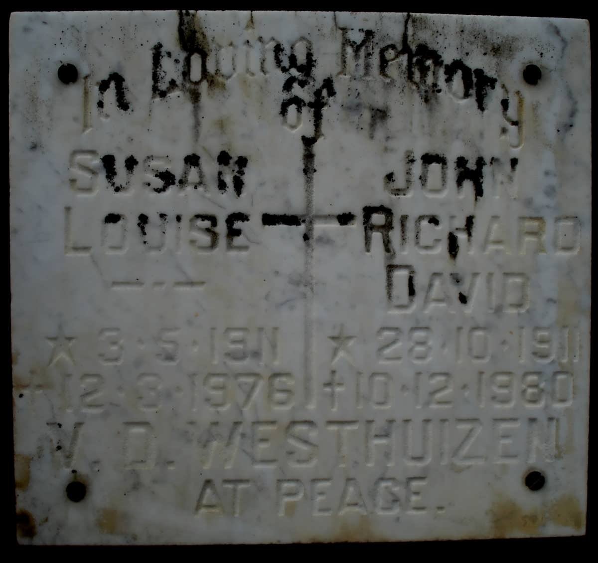 WESTHUIZEN John Richard David, v.d. 1911-1980 &amp; Susan Louise 1911-1976