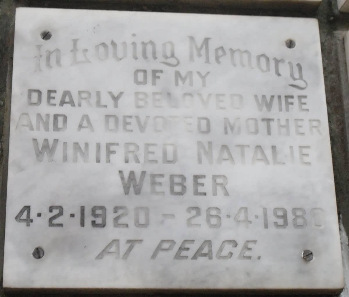 WEBER Winifred Natalie 1920-1980
