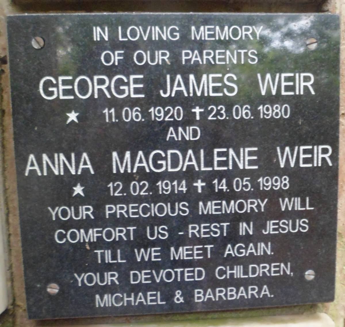WEIR George James 1920-1980 &amp; Anna Magdalene 1914-1998