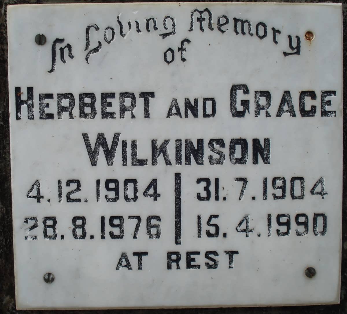 WILKINSON Herbert 1904-1976 &amp; Grace 1904-1990