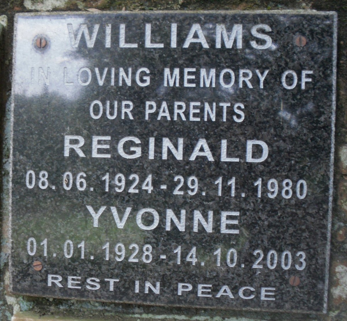 WILLIAMS Reginald 1924-1980 &amp; Yvonne 1928-2003