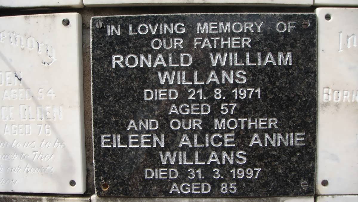 WILLANS Ronald William -1971 &amp; Eileen Alice Annie -1997
