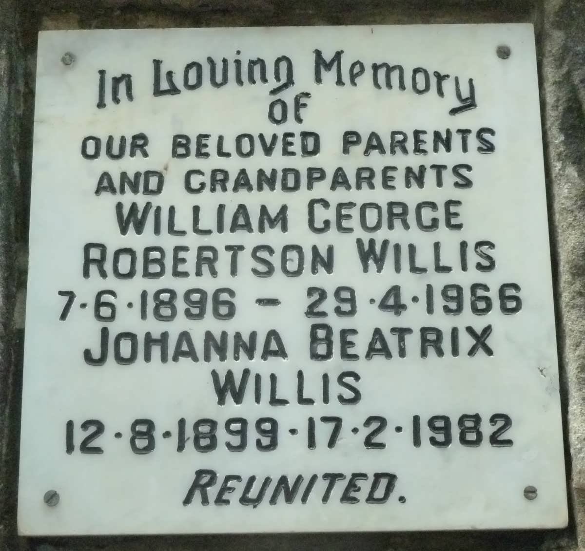 WILLIS William George Robertson 1896-1966 &amp; Johanna Beatrix 1899-1982