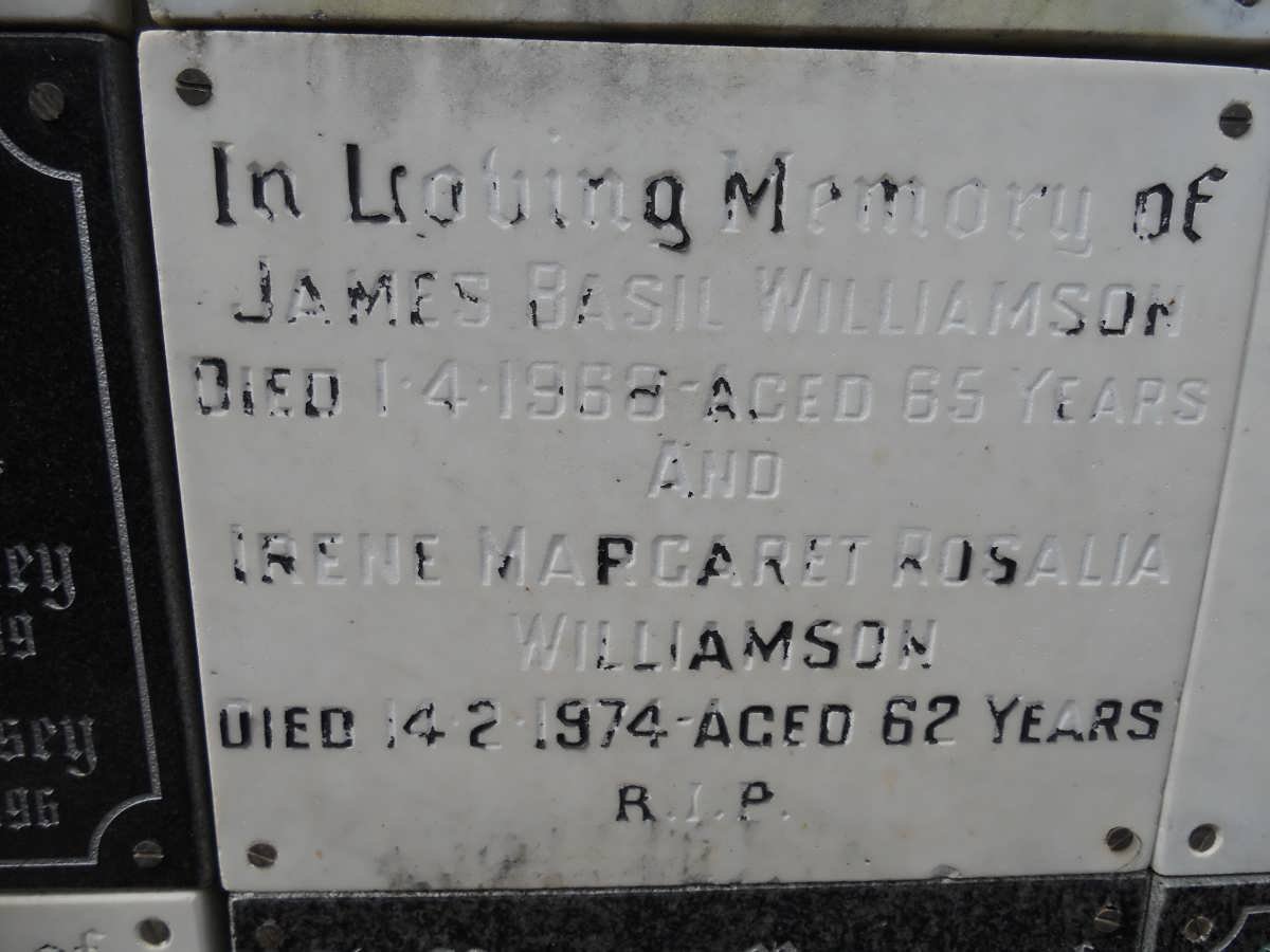WILLIAMSON James Basil -1968 &amp; Irene Margaret Rosalia -1974