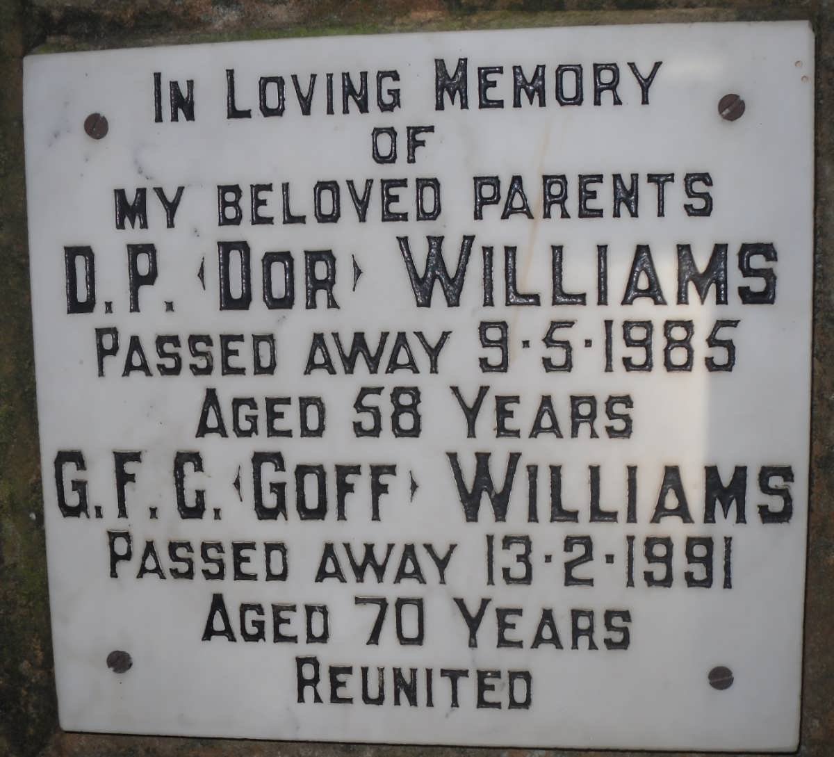 WILLIAMS G.F.C. -1991 &amp; D.P. -1985