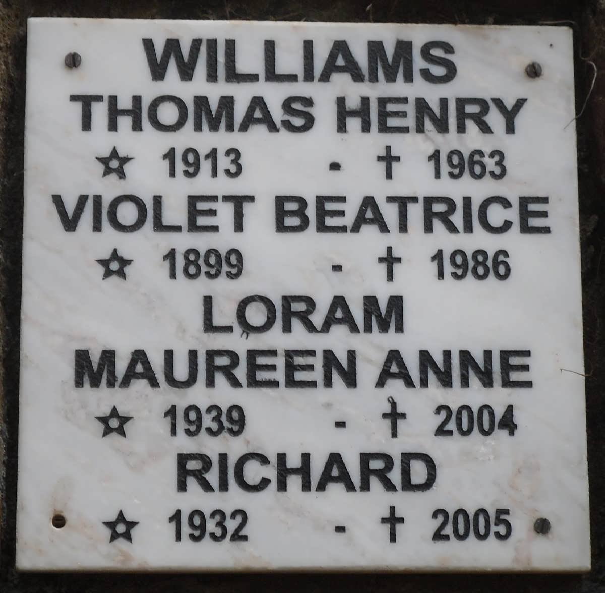 WILLIAMS Thomas Henry 1913-1963 ::  WILLIAMS Violet Beatrice 1899-1986 :: LORAM Richard 1932-2005 &amp; Maureen Anne 1939-2004