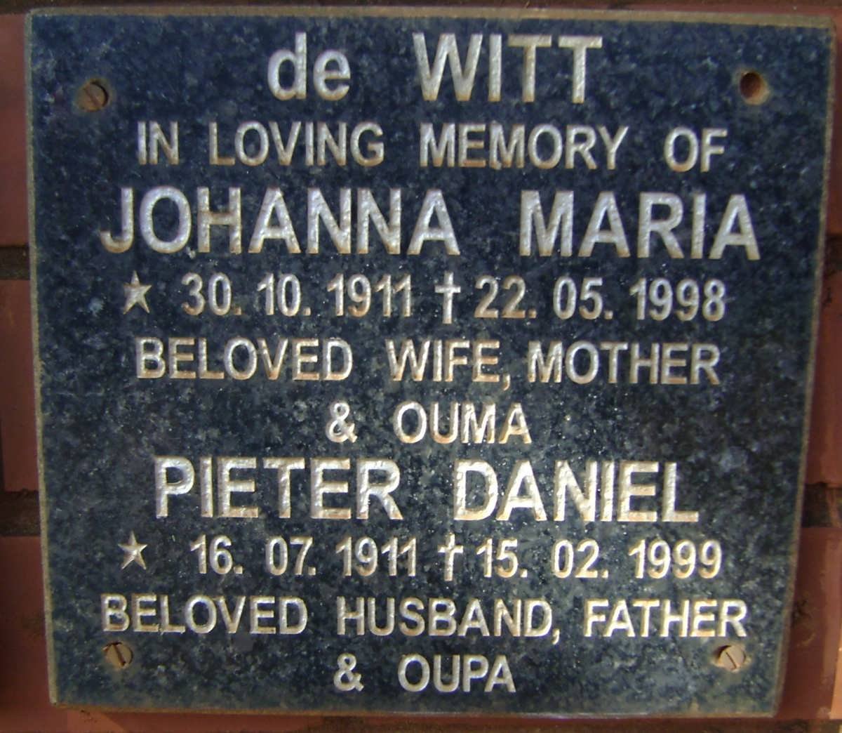 WITT Pieter Daniel, de 1911-1999 &amp; Johanna Maria 1911-1998