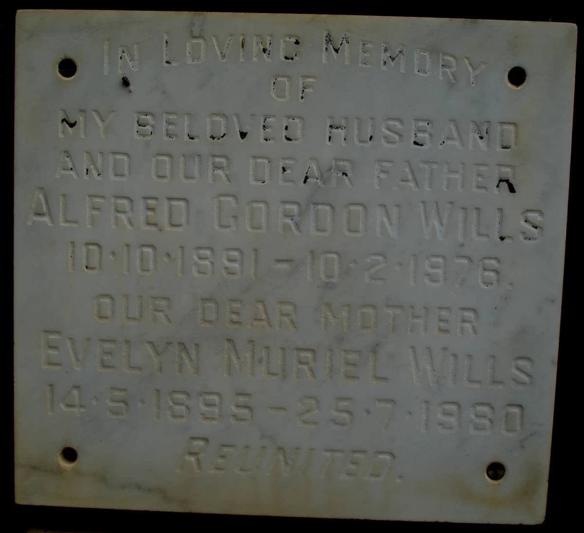 WILLS Alfred Gordon 1891-1976 &amp; Evelyn Muriel 1895-1980