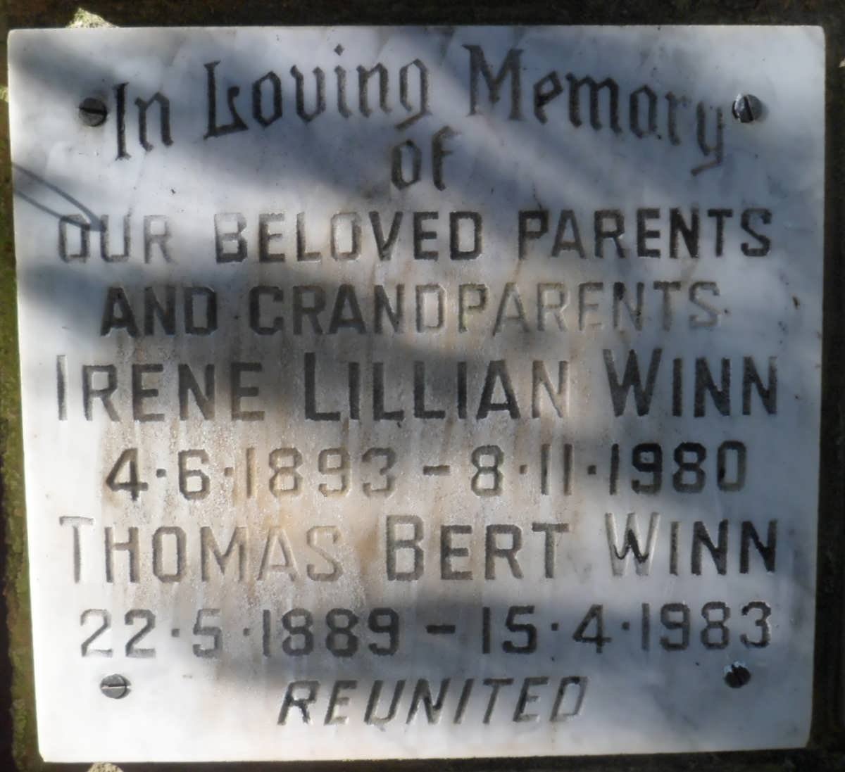 WINN Thomas Bert 1889-1983 &amp; Irene Lillian 1893-1980