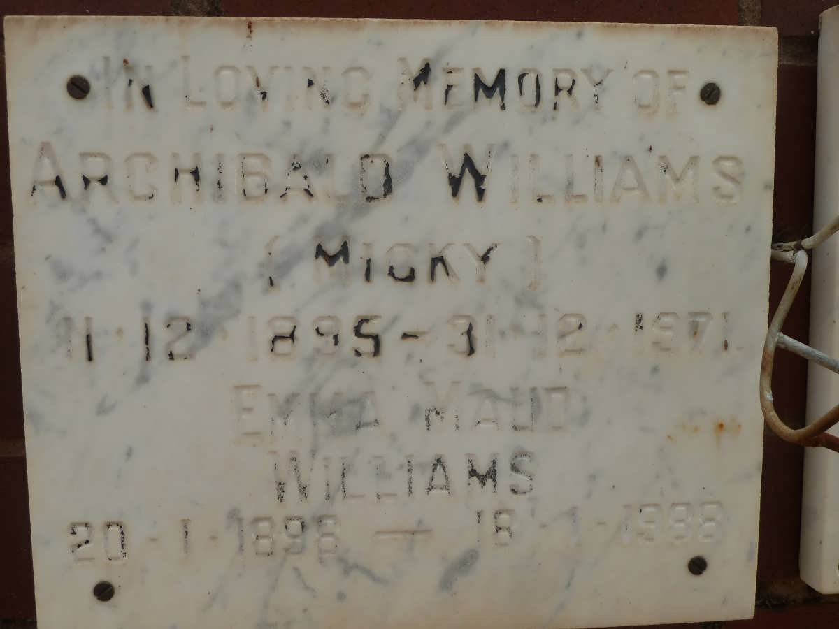 WILLIAMS Archibald 1895-1971 &amp; Emma Maud 1898-1988