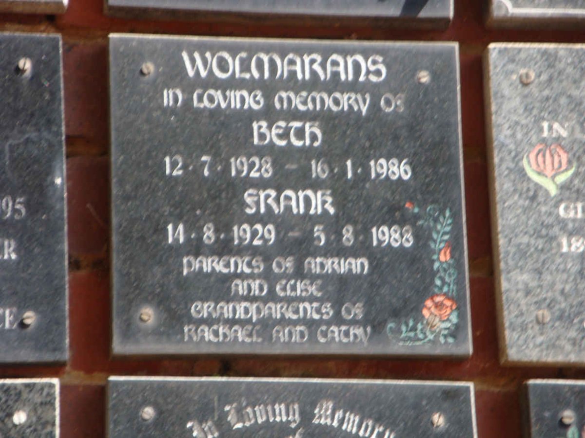 WOLMARANS Frank 1929-1988 &amp; Beth 1928-1986