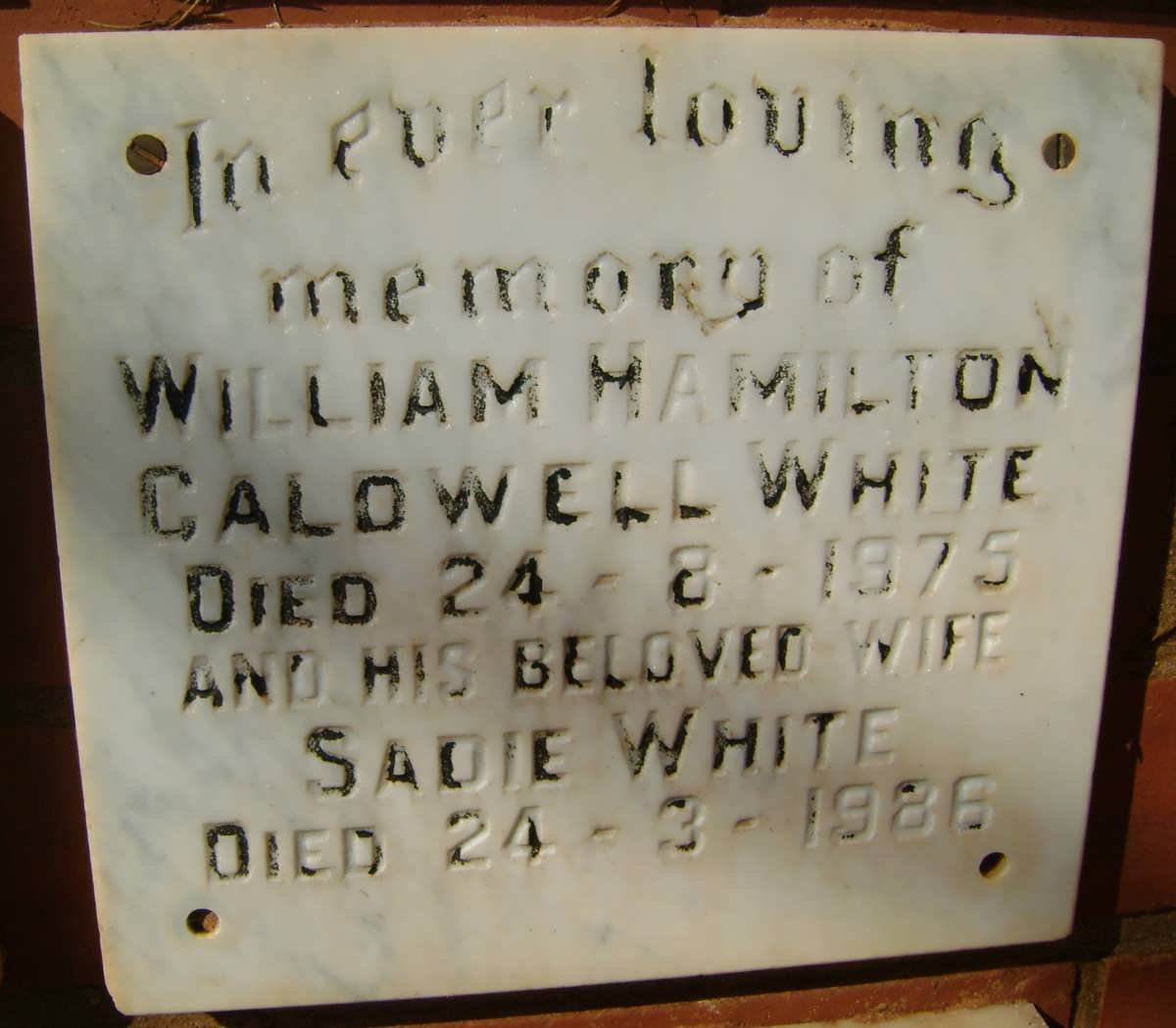 WHITE William Hamilton Caldwell -1975 &amp; Sadie -1986
