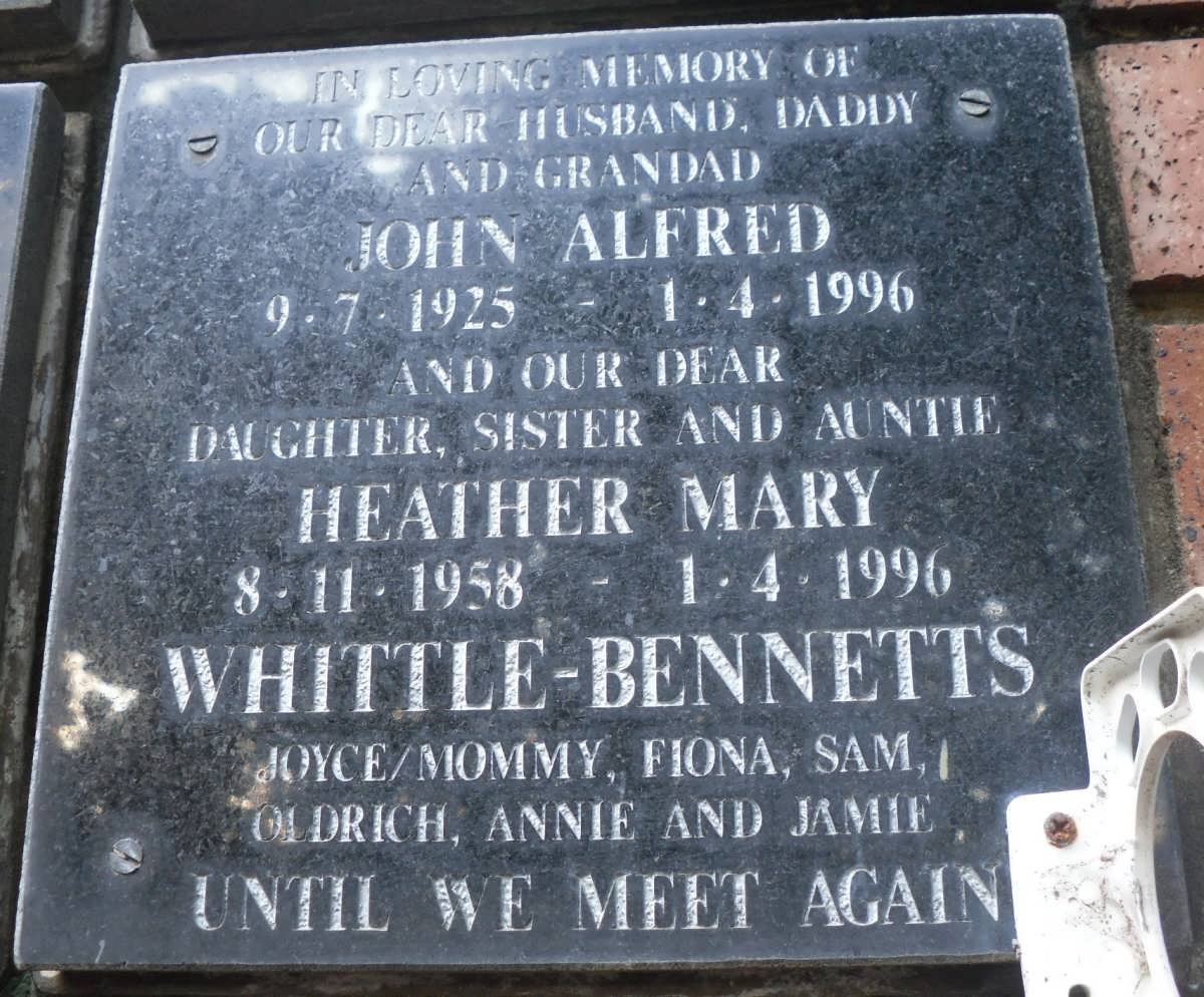 WHITTLE-BENNETTS John Alfred 1925-1996 &amp; Heather Mary 1958-1996