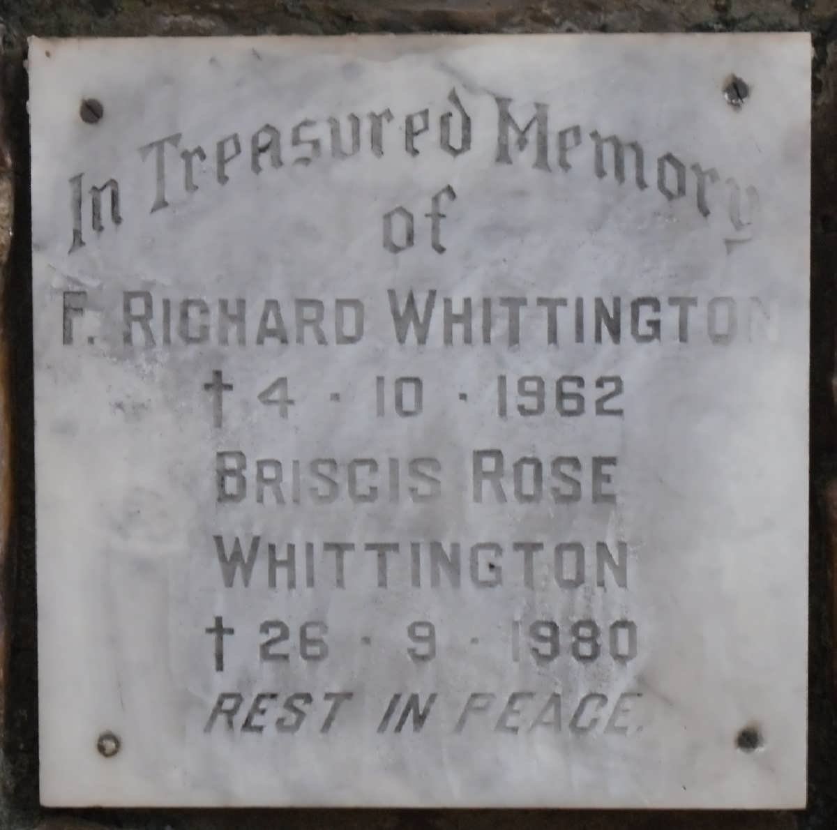 WHITTINGTON F. Richard -1962 &amp; Briscis Rose -1980