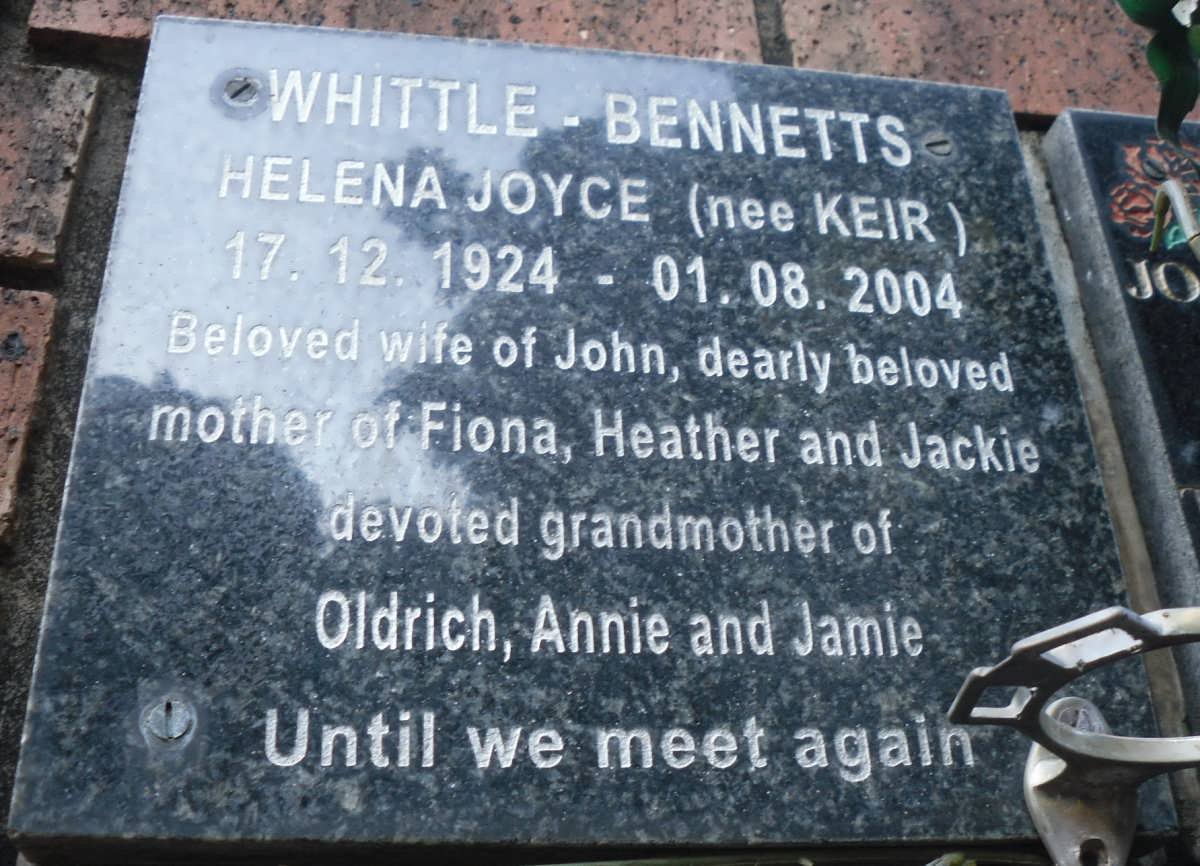 WHITTLE-BENNETTS Helena Joyce nee KEIR 1924-2004