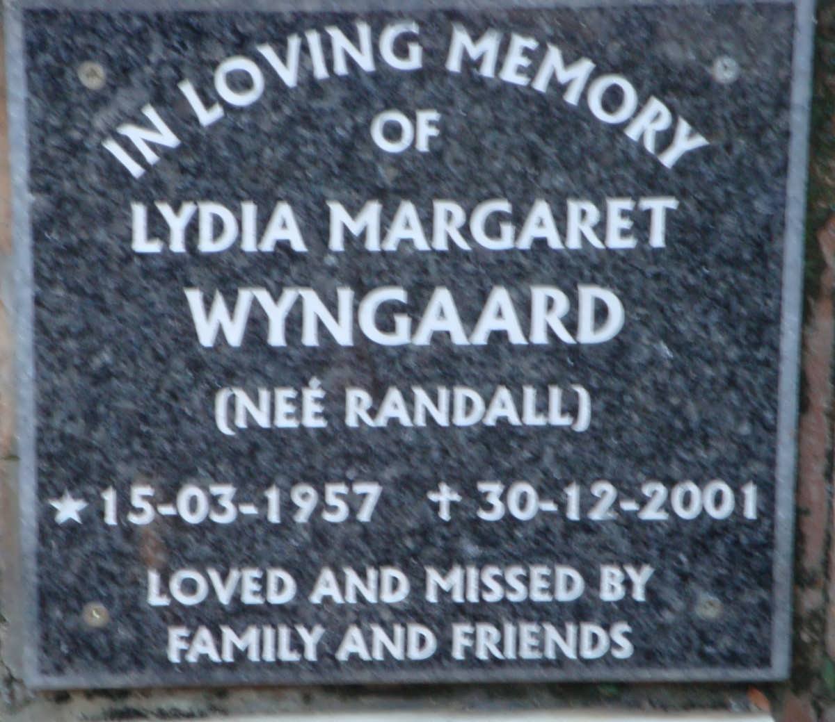 WYNGAARD Lydia Margaret nee RANDALL 1957-2001