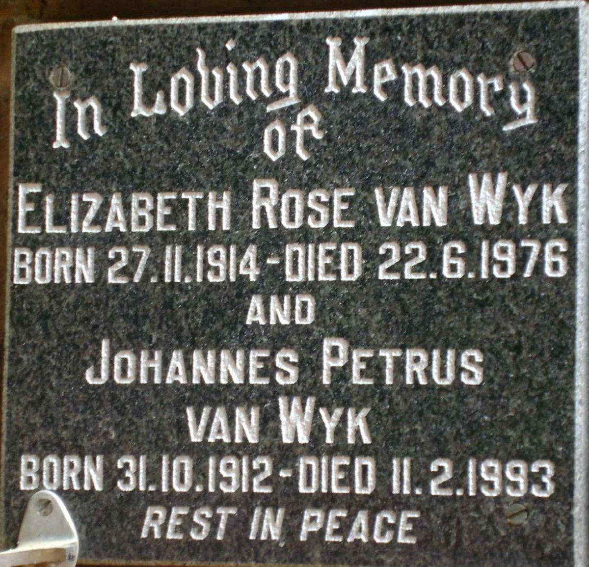 WYK Johannes Petrus, van 1912-1993 &amp; Elizabeth Rose 1914-1976