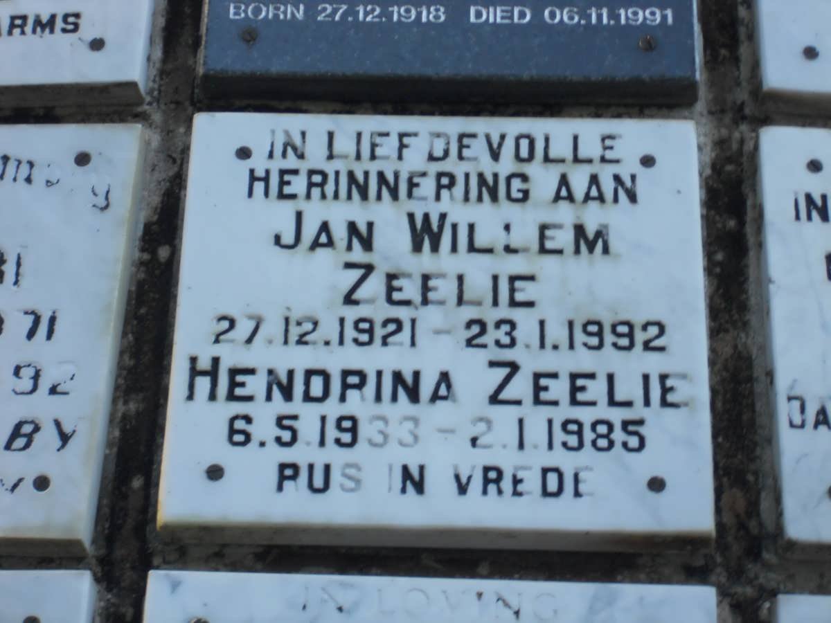 ZEELIE Jan Willem 1921-1992 &amp; Hendrina 1933-1985