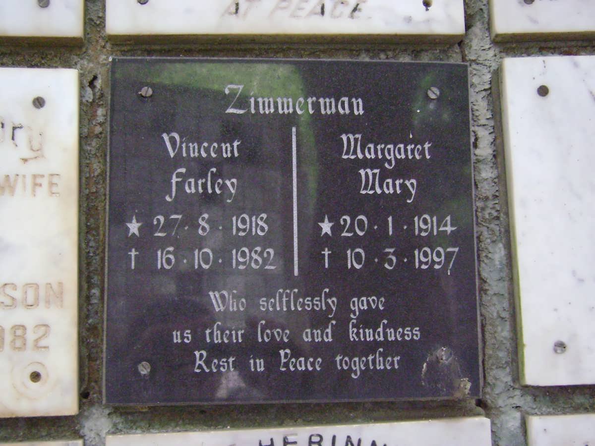 ZIMMERMAN Vincent Farley 1918-1982 &amp; Margaret Mary 1914-1997