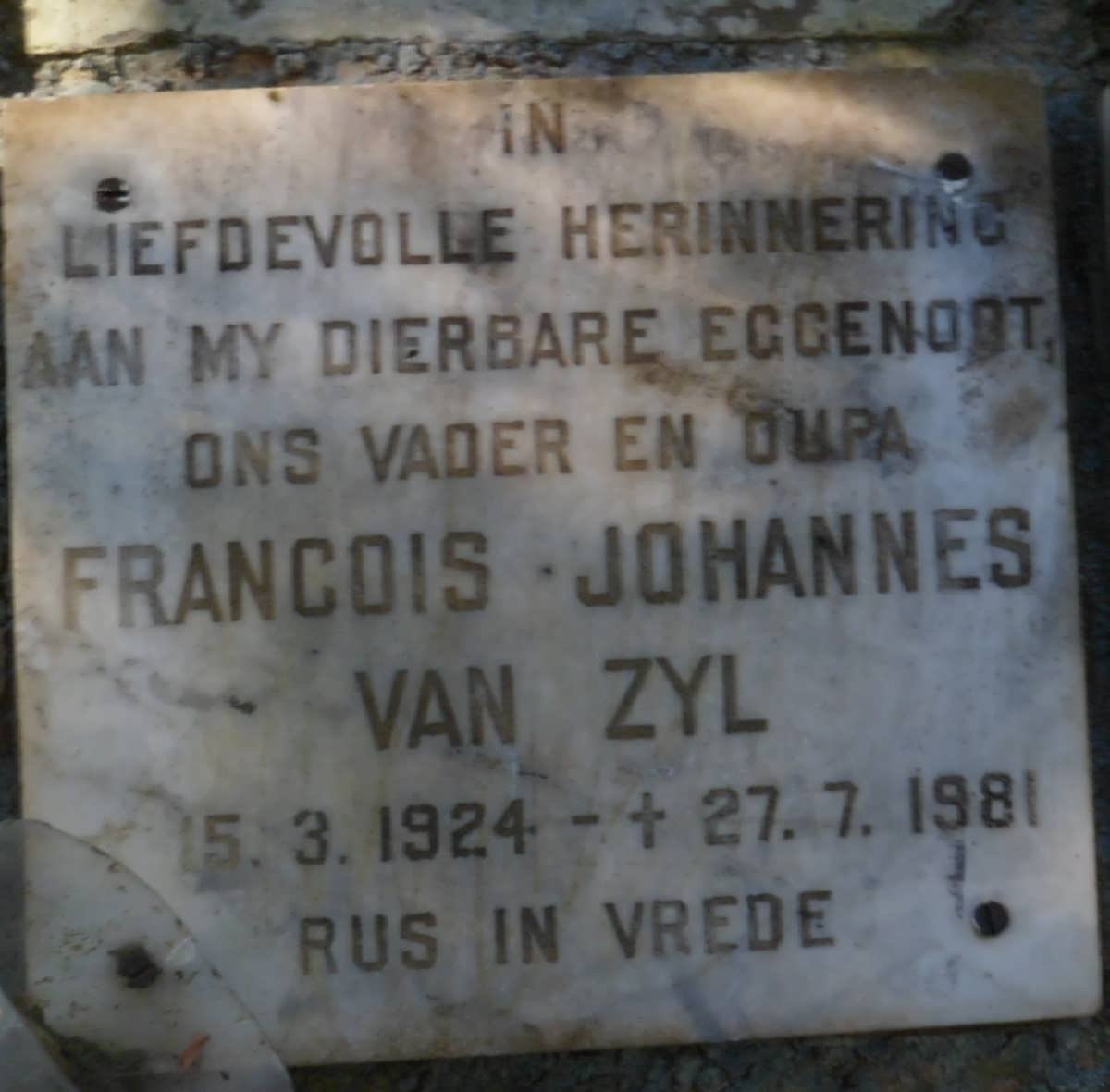 ZYL Francois Johannes, van 1924-1981