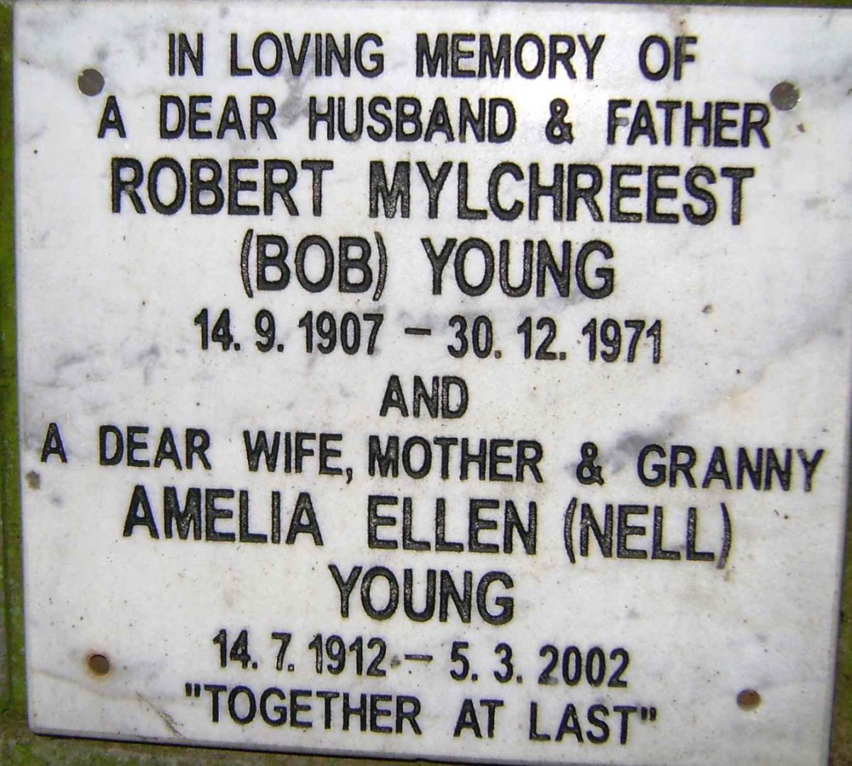 YOUNG Robert Mylchreest 1907-1971 &amp; Amelia Ellen NELL 1912-2002