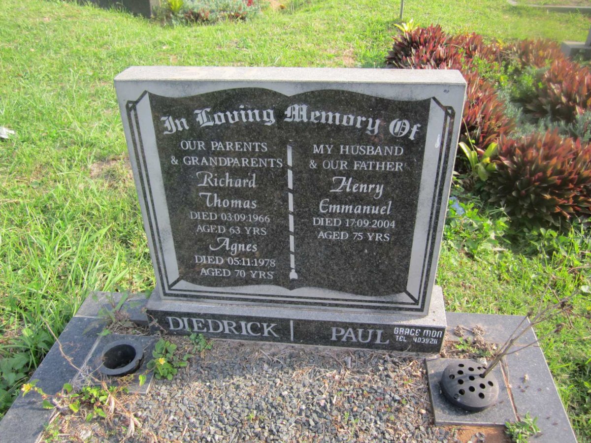 DIEDRICK Richard Thomas -1966 &amp; Agnes -1978 :: PAUL Henry Emmanuel -2004