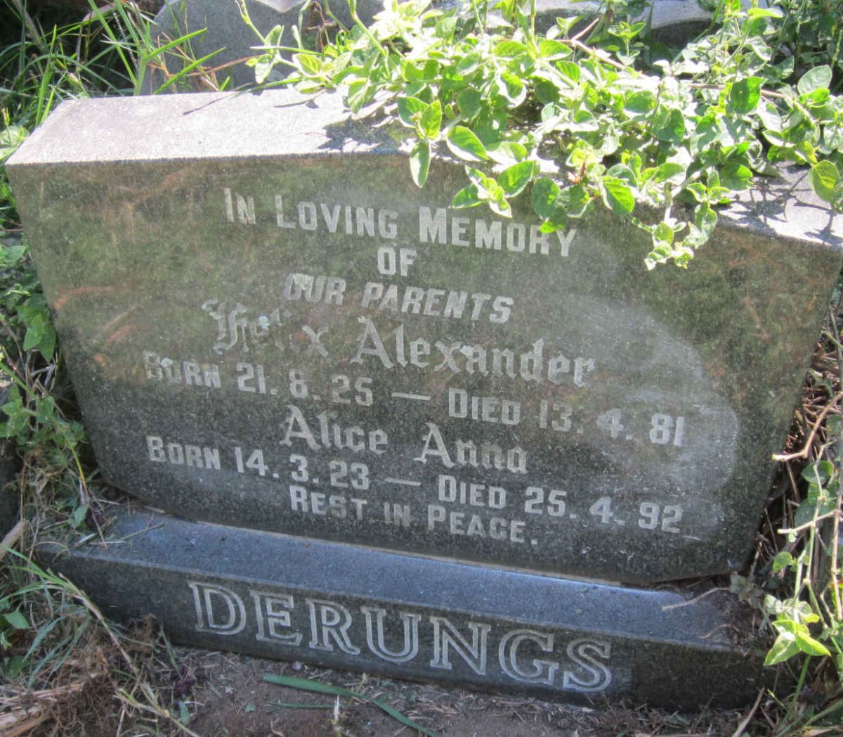 DERUNGS Felix Alexander 1925-1981 &amp; Alice Anna 1923-1992