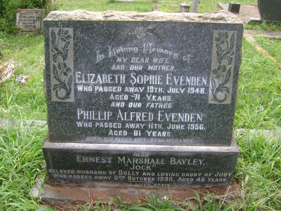 EVENDEN Phillip Alfred -1956 &amp; Elizabeth Sophie -1946 :: BAYLEY Ernest Marshall -1950
