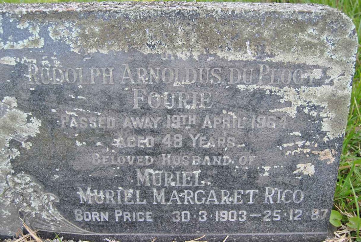 FOURIE Rudolph Arnoldus du Plooy -1964 &amp; Muriel Margaret Rico PRICE 1903-1987