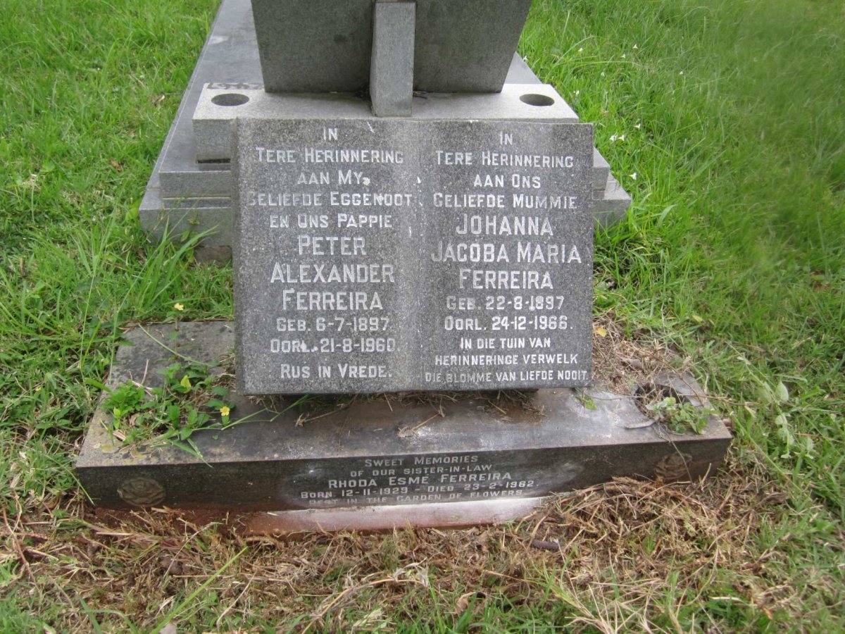 FERREIRA Peter Alexander 1897-1960 &amp; Johanna Jacoba Maria 1897-1966 :: FERREIRA Rhoda Esmé 1929-1962