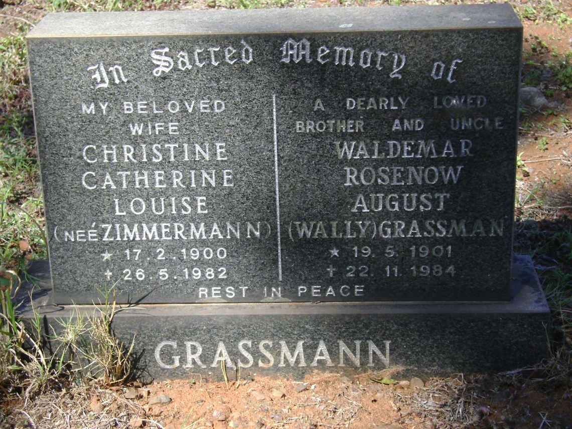 GRASSMANN Waldemar Rosenow August 1901-1984 &amp; Christine Catherine Louise ZIMMERMANN 1900-1982