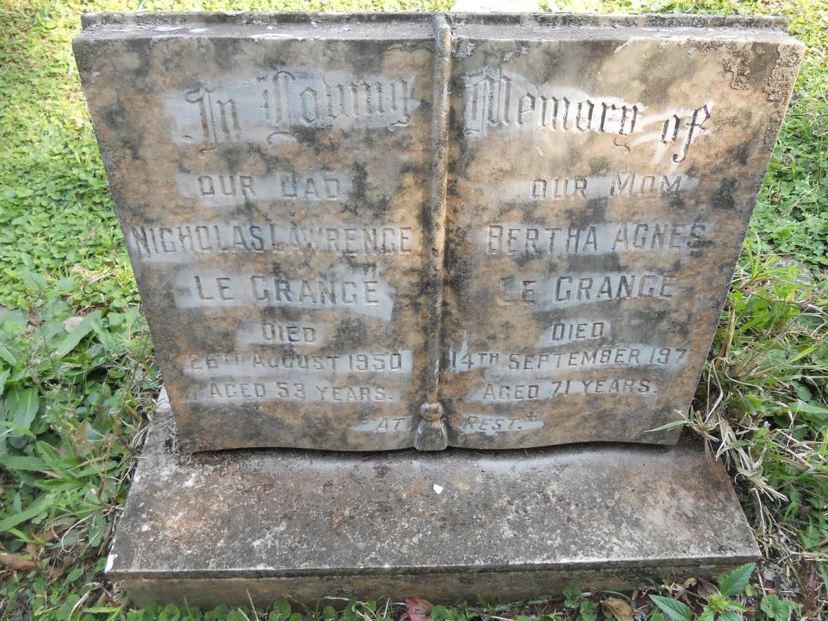 GRANGE Nicholas Lawrence, Le -1950 &amp; Bertha Agnes -1971