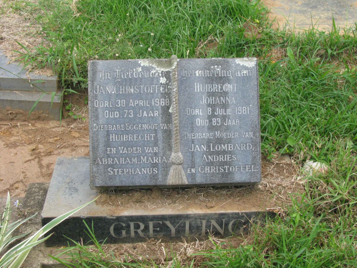 GREYLING Jan Christoffel -1968  &amp; Huibrecht Johanna -1981