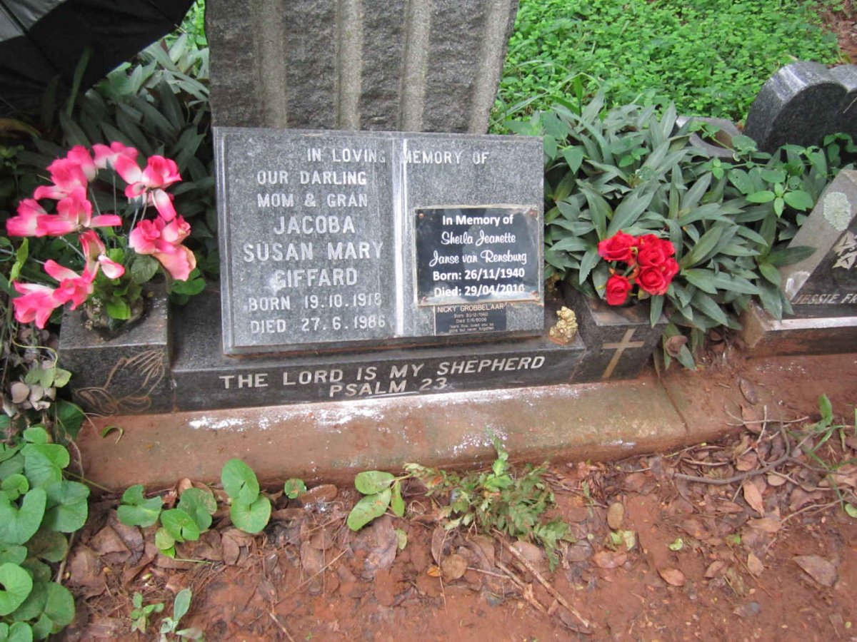 GIFFARD Jacoba Susan Mary 1918-1986 :: RENSBURG Sheila Jeanette, Janse van 1940-2016 :: GROBBELAAR Nicky 1962-2006
