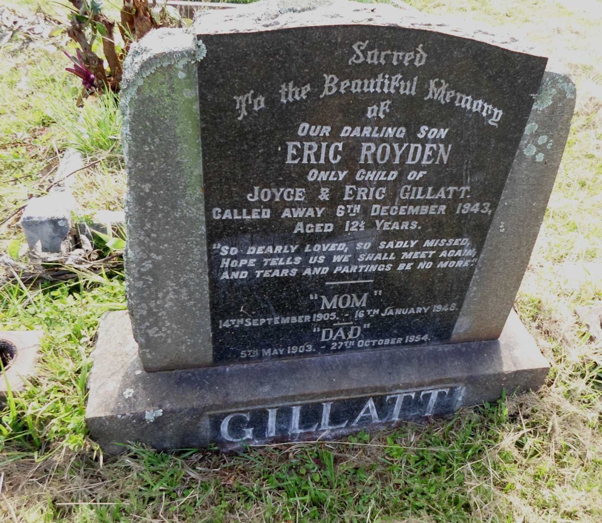 GILLATT Eric Allan 1903-1954 &amp; Joyce Evangeline Anne 1905-1948 :: GILLATT Eric Royden -1943
