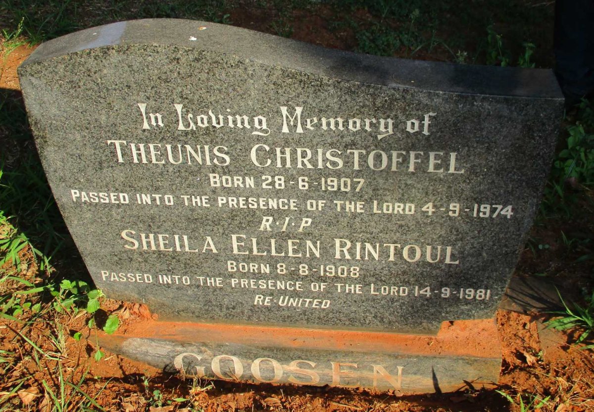 GOOSEN Theunis Christoffel 1907-1974 &amp; Sheila Ellen Rintoul 1908-1981
