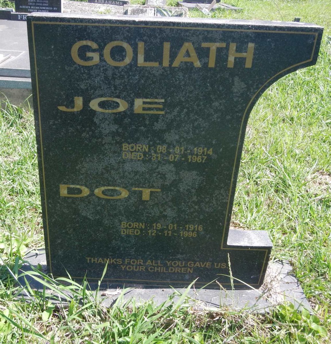 GOLIATH Joe 1914-1967 &amp; Dot 1916-1996