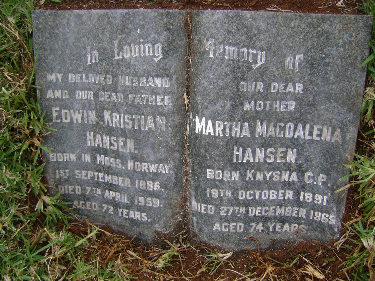 HANSEN Edwin Kristian 1886-1959 &amp; Martha Magdalena 1891-1965