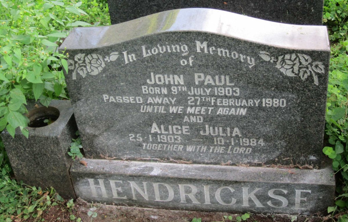 HENDRICKSE John Paul 1903-1980 &amp; Alice Julia 1903-1984