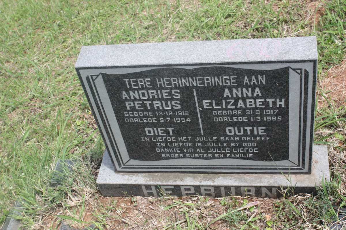 HEPBURN Andries Petrus 1912-1994 &amp; Anna Elizabeth 1917-1995
