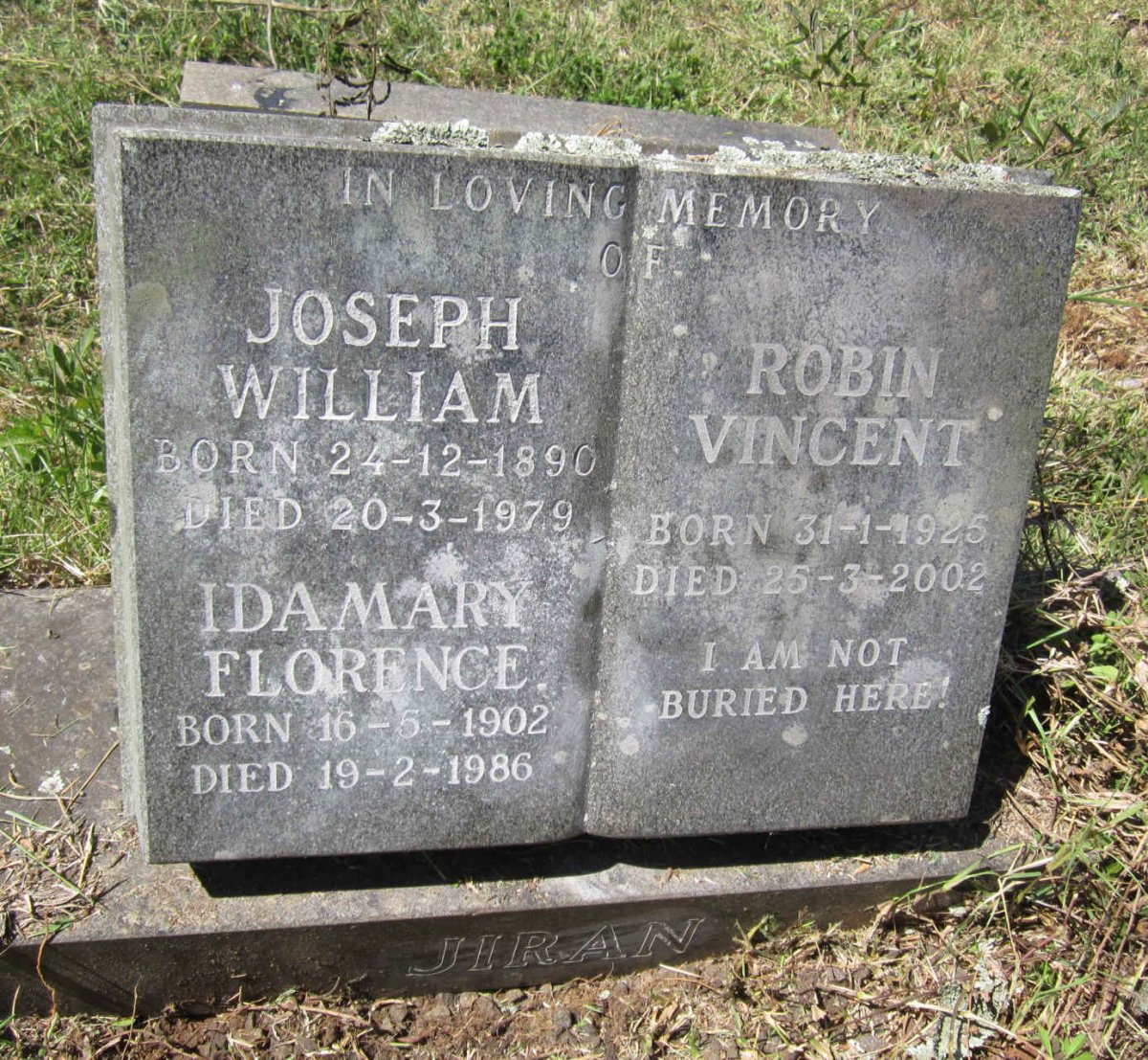 JIRAN Joseph William 1890-1979 &amp; Ida Mary Florence 1902-1986 :: JIRAN Robin Vincent 1925-2002